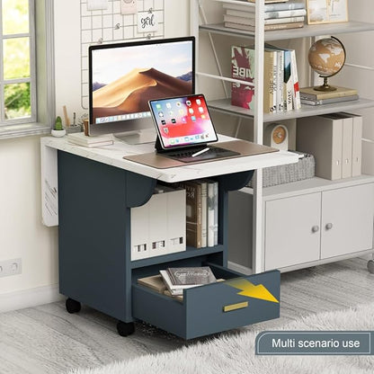 JIJIWANG 39.4" Modern Grey Wood Folding Dining Table with Storage, 4 Wheels, Extendable to 39.37"L x 19.69"W, 4-6 Seating, Grey Top, 15mm Thick, Engineered Wood
