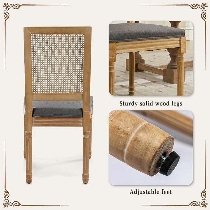 SoarFlash French Dining Chairs Set of 2, Vintage Dining Chairs with Rattan Backrest, Wooden Framehouse Chairs for Living Room, Kitchen, Restaurant, Grey
