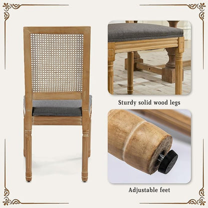 SoarFlash French Dining Chairs Set of 2, Vintage Dining Chairs with Rattan Backrest, Wooden Framehouse Chairs for Living Room, Kitchen, Restaurant, Grey