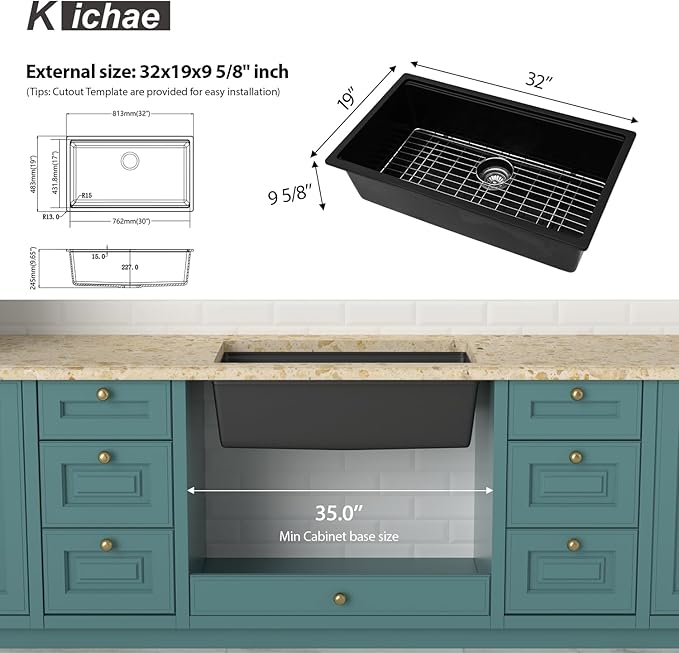 Kichae 32 inch Granite Composite Undermount Kitchen Sink - 32 x 19 Single Bowl Kitchen Sink Matte Black Quartz Workstation