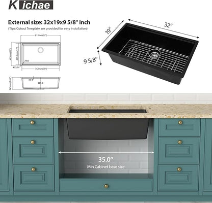 Kichae 32 inch Granite Composite Undermount Kitchen Sink - 32 x 19 Single Bowl Kitchen Sink Matte Black Quartz Workstation