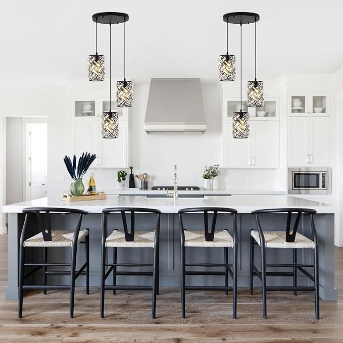 Pendant Lights Kitchen Island, Black Crystal Chandelier Pendant Lighting 3 Light, Adjustable Modern Kitchen Island Lights Ceiling Hanging Cluster Pendant Light Fixture for Dining Room Entryway Foyer