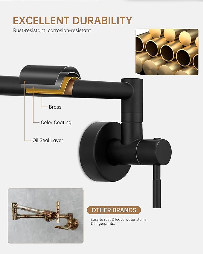 Fransiton Matte Black Pot Filler, Pot Filler Faucet Wall Mount, Brass Folding Stretchable with Double Joint Swing Arm Single Hole Two Handles Kitchen Restaurant