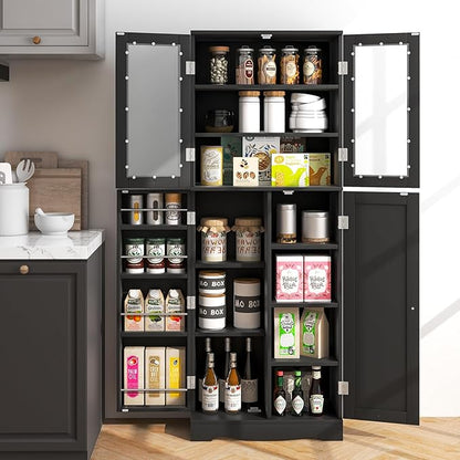 Giantex Pantry Organizers and Storage, 63.5” Tall Kitchen Cabinet, Food Buffet Cupboard with Glass Doors, Shelves with Baffle, Wooden Freestanding Sideboard for Dining Room Living Room (Black)