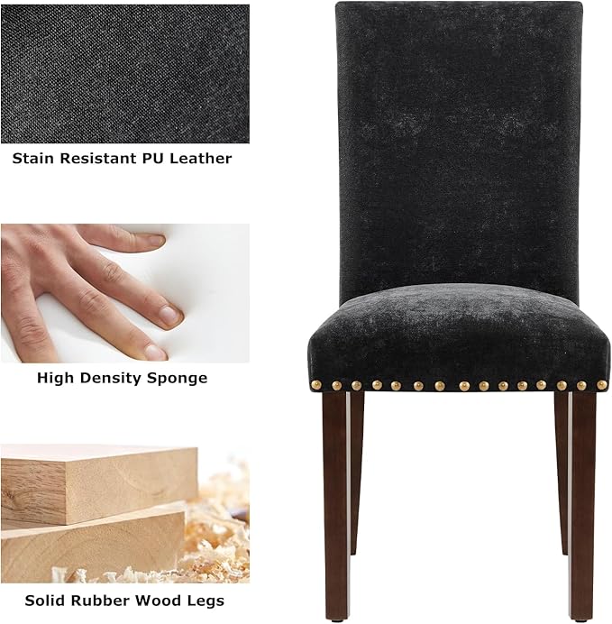 COLAMY Upholstered Parsons Dining Chairs Set of 2, Fabric Dining Room Kitchen Side Chair with Nailhead Trim and Wood Legs - F-Black