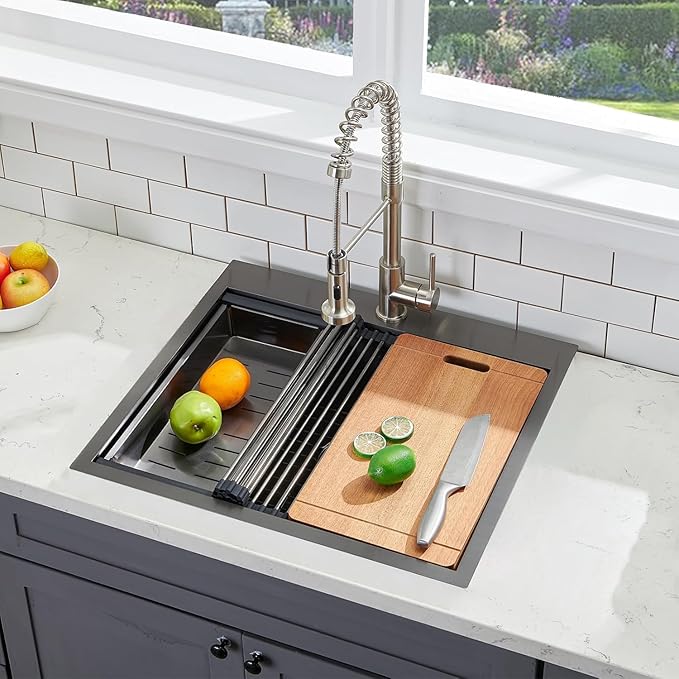SHACO 25x22 Black Drop In Kitchen Sink, 25 Inch Topmount Stainless Steel Workstation Sink, Single Bowl Bar Prep RV Laundry Small Kitchen Sink with Cutting Board