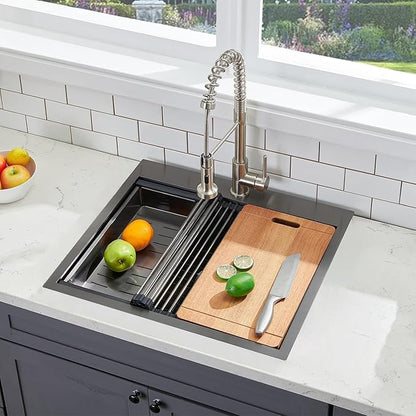 SHACO 25x22 Black Drop In Kitchen Sink, 25 Inch Topmount Stainless Steel Workstation Sink, Single Bowl Bar Prep RV Laundry Small Kitchen Sink with Cutting Board