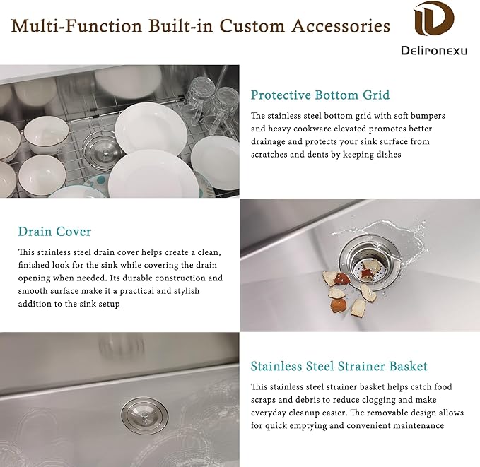 33x19 Undermount Kitchen Sink, Delironexu 33 Inch Undermount Kitchen Sink, 16 Gauge 304 Stainless Steel Single Bowl Kitchen Sink, Large 33x19 Kitchen Sink with Accessories