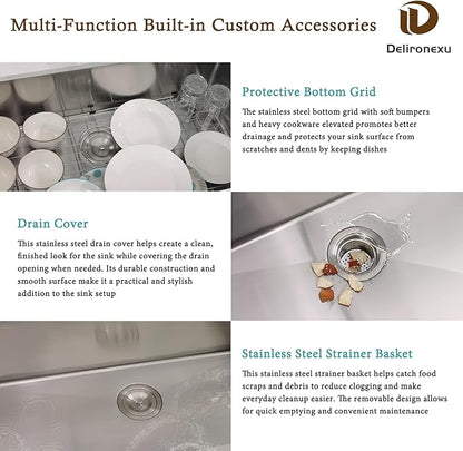 33x19 Undermount Kitchen Sink, Delironexu 33 Inch Undermount Kitchen Sink, 16 Gauge 304 Stainless Steel Single Bowl Kitchen Sink, Large 33x19 Kitchen Sink with Accessories