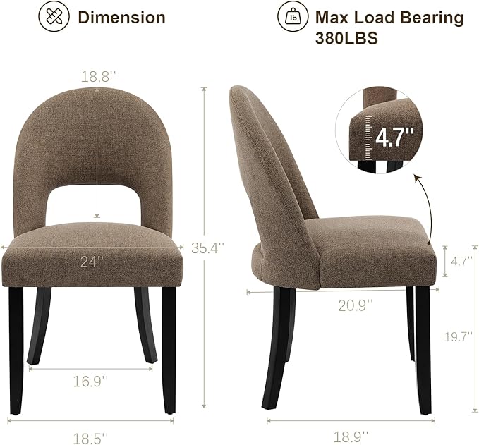 Upholstered Dining Chairs Set of 6, Mid Century Modern Kitchen Chairs with Solid Wood Legs & Linen Fabric Backrest for Dining Room, Brown