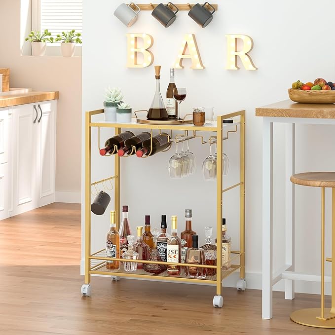 Joaxswe Bar Cart, Home Bar Serving Cart with 2-Tier Shelf,Rolling Beverage Cart with Wheels,Mobile Kitchen Shelf,Modern Wine Drink Cart with Wine Rack and Glass Holder for Kitchen,Dinning Room,Gold