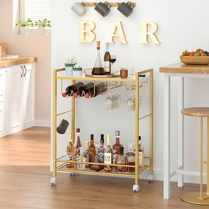 Joaxswe Bar Cart, Home Bar Serving Cart with 2-Tier Shelf,Rolling Beverage Cart with Wheels,Mobile Kitchen Shelf,Modern Wine Drink Cart with Wine Rack and Glass Holder for Kitchen,Dinning Room,Gold