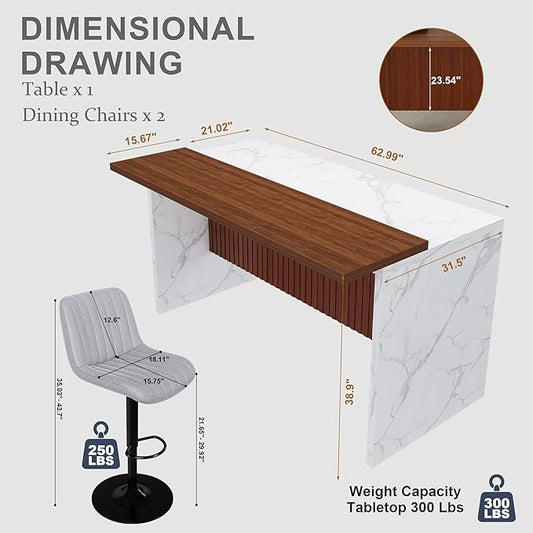 63" Modern Kitchen Island with Marble-Look Surface with 2/4 Bar Stools, Island Table with LED Lights, for Kitchen,Dining Room, Bar, Office, Living Room (White+2Grey)