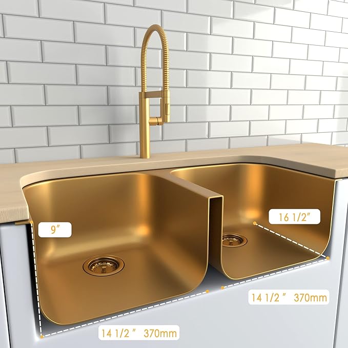 LQS Brushed Gold Kitchen Sink, 32 Inch Undermount Kitchen Sink Gold, Double Kitchen Sink Stainless Steel with Two Sink Strainers and Two Sink Grids