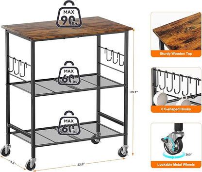 NTE Rolling Kitchen Microwave Cart, 3 Tier Microwave Stand with Storage, Small Kitchen Island on Wheels, Kitchen Storage Cart with 6 Hooks for Kitchen, Coffee Bar, Living Room, Balcony