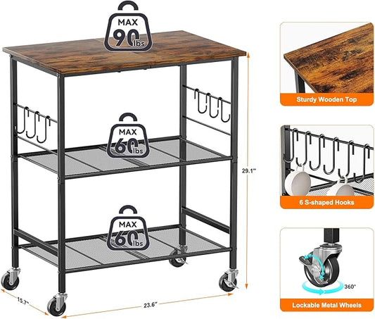 NTE Rolling Kitchen Microwave Cart, 3 Tier Microwave Stand with Storage, Small Kitchen Island on Wheels, Kitchen Storage Cart with 6 Hooks for Kitchen, Coffee Bar, Living Room, Balcony