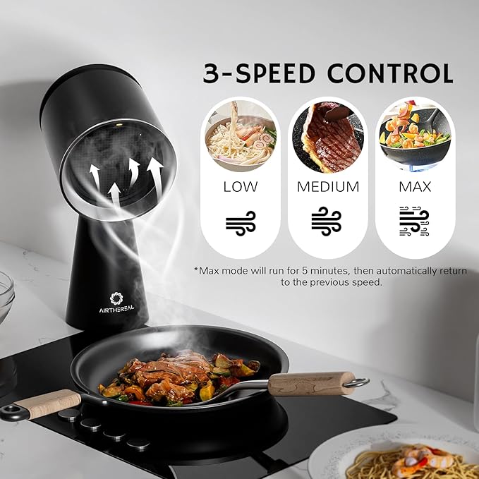 Airthereal Rechargeable Portable Range Hood, Desktop Range Hood with Battery Powered, 3-Fan Speeds and Large Oil Collection Cup, Upgraded Portable Kitchen Exhaust Fan for RV Cooking, RH180B Black