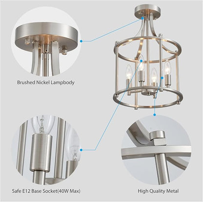 XINGQI Brushed Nickel Semi Flush Mount Ceiling Light Fixture Modern 4 Light Round Small Mini Chandelier Cage Ceiling Lights for Entryway Foyer Hallway 12" Geometric Dining Room Chandelier