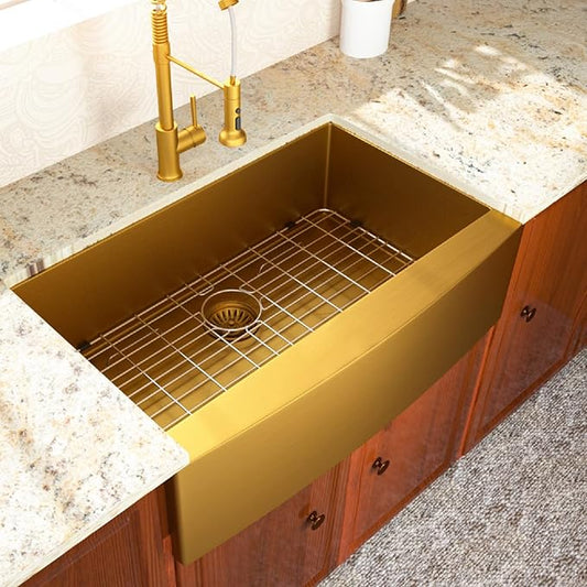 Lordear Brush Gold Farmhouse Sink 33 inch Apron Front T304 16 Gauge Stainless Steel Deep Single Bowl Kitchen Farm Farmer Style Sinks 33x21x10 Inch