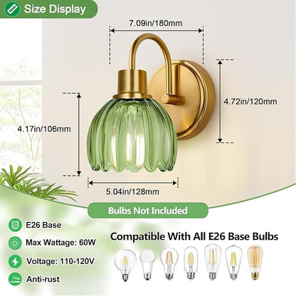 2-Pack Brushed Gold Bathroom Vanity Light, Single-Head Wall Sconce with Ribbed Green Tulip Glass Shade, Vintage Bathroom Light Fixtures for Bedroom, Hallway & Bedside (Bulbs Not Included)