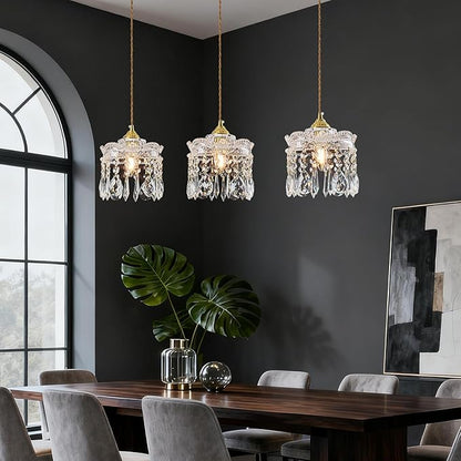 3-Light Brass Vintage Glass Pendant, Crystal Pendant Light, Adjustable Height Lighting for Kitchen Island, Dining Room, Farmhouse, Living Room(Long Chassis)