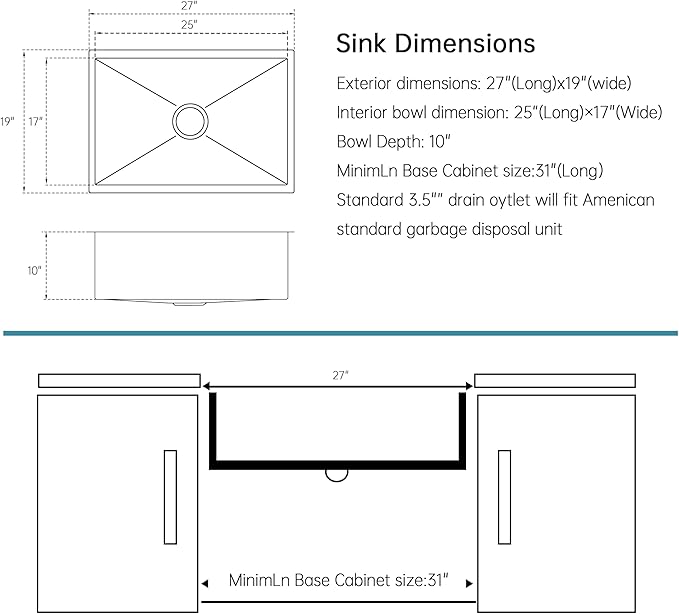 SUS304 Stainless Steel Undermount Single Bowl Kitchen Sink - 27 x 19 x 9 Inch, Handmade With Drying & Strainer, 9'' Depth