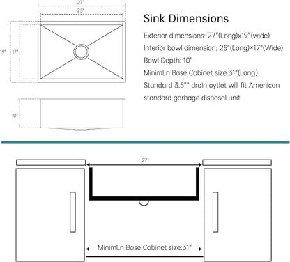 SUS304 Stainless Steel Undermount Single Bowl Kitchen Sink - 27 x 19 x 9 Inch, Handmade With Drying & Strainer, 9'' Depth