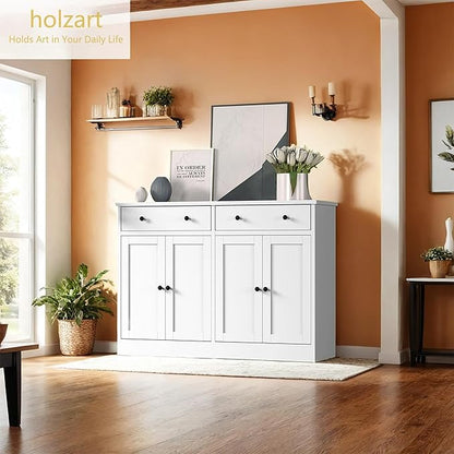 holzart 49" White Buffet Cabinet with Doors & Drawers, Modern Kitchen Storage Sideboard, Coffee Bar Console Table for Dining Room, Living Room, Entryway