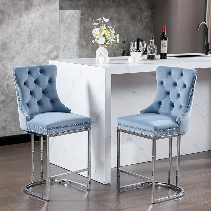 26" Counter Height Bar Stools Set of 2, Velvet Bar stools with Button BackRivet Trim Upholstered Kitchen Island Chairs with Sturdy Chromed Metal Base Legs Bar Stools,Light Blue,2 Pack
