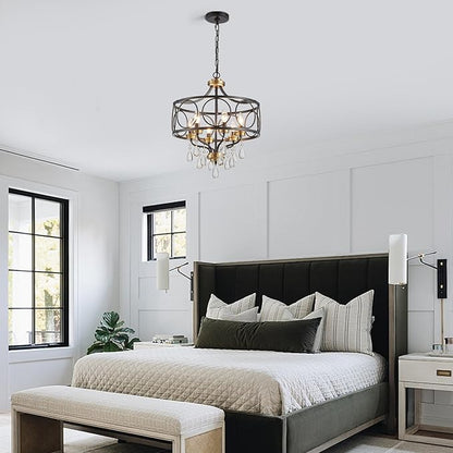 Crystal Chandeliers for Dining Room,17.7" Black and Gold 6 Lights Hanging Pendant Lighting Fixture Metal Farmhouse Chandelier for Kitchen Island Entryway Living Room