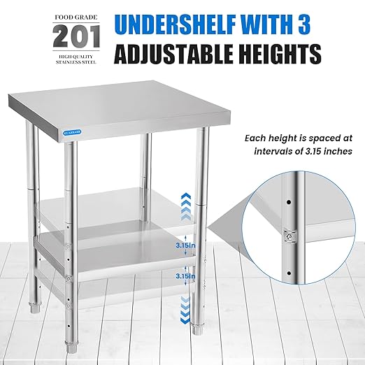 KUARBARR Stainless Steel Table for Prep & Work with Undershelf 18 x 24 Inches NSF Metal Commercial Kitchen Prep Table with Adjustable Under Shelf Worktable for Restaurant Home Outdoor
