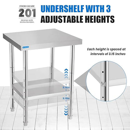 KUARBARR Stainless Steel Table for Prep & Work with Undershelf 18 x 24 Inches NSF Metal Commercial Kitchen Prep Table with Adjustable Under Shelf Worktable for Restaurant Home Outdoor