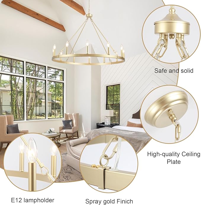 Gold Wagon Wheel Chandelier for Dining Room Light Fixture 12Light Gold Chandelier for Foyer 38inch 27-86" Height Adjustable Pendant Light for Flat Sloped Ceilings Dining Room Kitchen Island Entryway