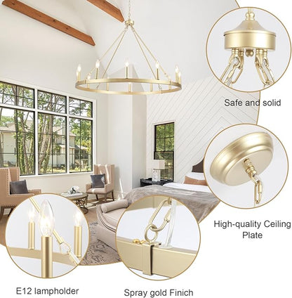 Gold Wagon Wheel Chandelier for Dining Room Light Fixture 12Light Gold Chandelier for Foyer 38inch 27-86" Height Adjustable Pendant Light for Flat Sloped Ceilings Dining Room Kitchen Island Entryway