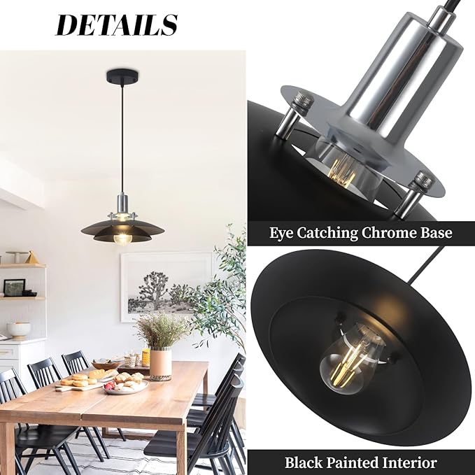 1-Light Modern Black Pendant Lights Kitchen Island, 11.8 inch Farmhouse Pendant Light, Kitchen Pendant Lighting with Double-Tier Shade, Island Pendant Light for Kitchen, Dining Room Bedroom