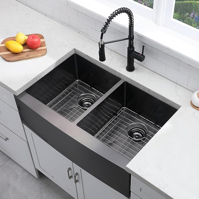 SHACO 33 Inch Black Double Bowl Divided 50/50 Farmhouse Sink, 33x21 Gunmetal Black Stainless Steel Undermount Apron Front Farm Kitchen Sink