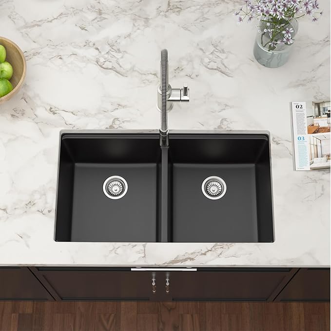 33 Black Undermount Kitchen Sink Granite Composite Quartz Double Bowl Workstation Sinks Low Divide Ledge Under Counter Large Deep Classic Basin,33"x19"x10"