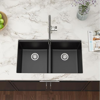 33 Black Undermount Kitchen Sink Granite Composite Quartz Double Bowl Workstation Sinks Low Divide Ledge Under Counter Large Deep Classic Basin,33"x19"x10"