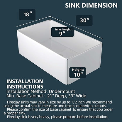 Miuara Farmhouse Sink 30 Inch - White Apron Front Undermount Kitchen Sink Reversible 30"x18"x10", Farm House Style Single Bowl, Heavy Duty Solid Fireclay, Glossy White, for Kitchen