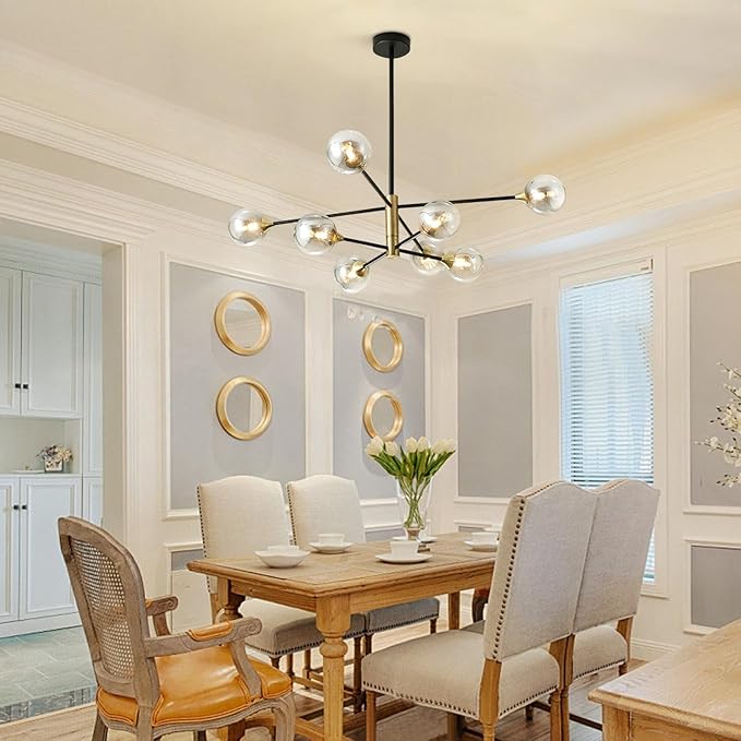 BOKT Black Gold Chandelier Pendant Light Mid Century Modern Sputnik Chandelier Light Fixture Globe Flush Mount Ceiling Light Amber Glass Ball Chandelier Kitchen Island Lighting