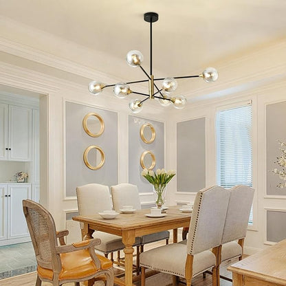 BOKT Black Gold Chandelier Pendant Light Mid Century Modern Sputnik Chandelier Light Fixture Globe Flush Mount Ceiling Light Amber Glass Ball Chandelier Kitchen Island Lighting