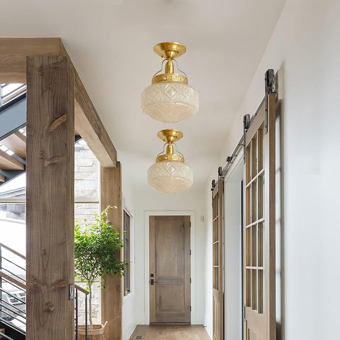 Bofea-Gold Semi Flush Mount Ceiling Light,Brass Vintage Flush Mounted Ceiling Lighting with Milk White Glass Shade, Mid-Century Style Ceiling Light Fixture for Hallway Foyer Loft Bathroom Bedroom. (B)