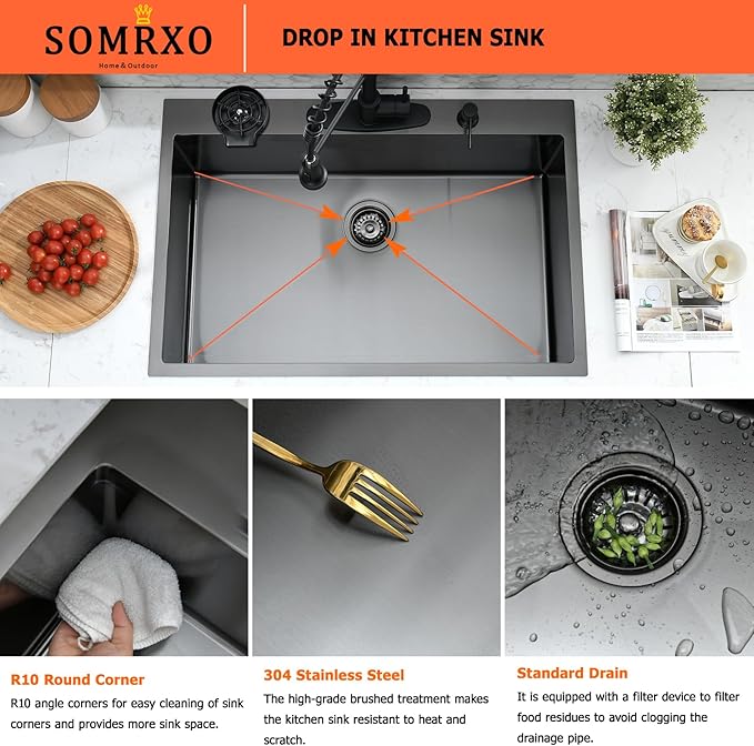 30×22 Drop In Kitchen Sink with Faucet Combo - Black Stainless Steel Drop In Sink with Cup Washer, 9 Inch Deep Single Bowl Sinks and Faucets Combo Set,Top Mount Design for Modern Kitchens