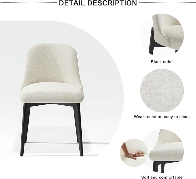 Wood Dining Chairs Set of 2, Modern Fabric Upholstered Kitchen Side Chairs with Black Wood Legs, Comfy Armless Side Chair for Living Room, Restaurant