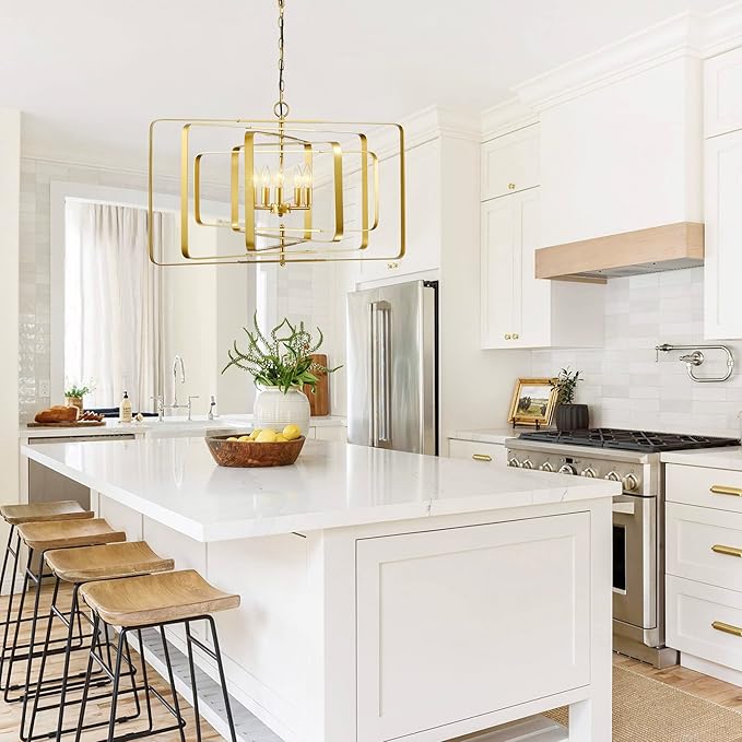 Untrammelife 32" 5-Light Gold Chandelier - Contemporary Rectangle Pendant for Dining Room, Kitchen Island & Foyer, Modern Farmhouse Ceiling Lighting