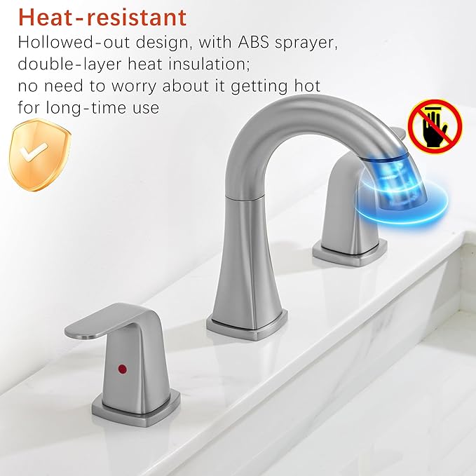Brushed Nickel Bathroom Faucet with Sprayer - Rotatable Bathroom Faucets for Sink 3 Holes, 8In Widespread Bathroom Pull Down Faucet, 2-Handle Vanity Faucet with Pull Out Sprayer 360 Swivel
