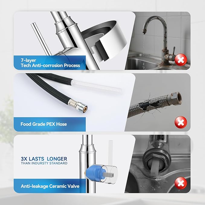 Kitchen Faucet with Pull Down Sprayer, Chrome Faucet for Kitchen Sink Stainless Steel Kitchen Faucets, Single Handle 1 or 3 Hole Faucet with Escutcheon for RV, Outdoor, Laundry & Bathroom Sink