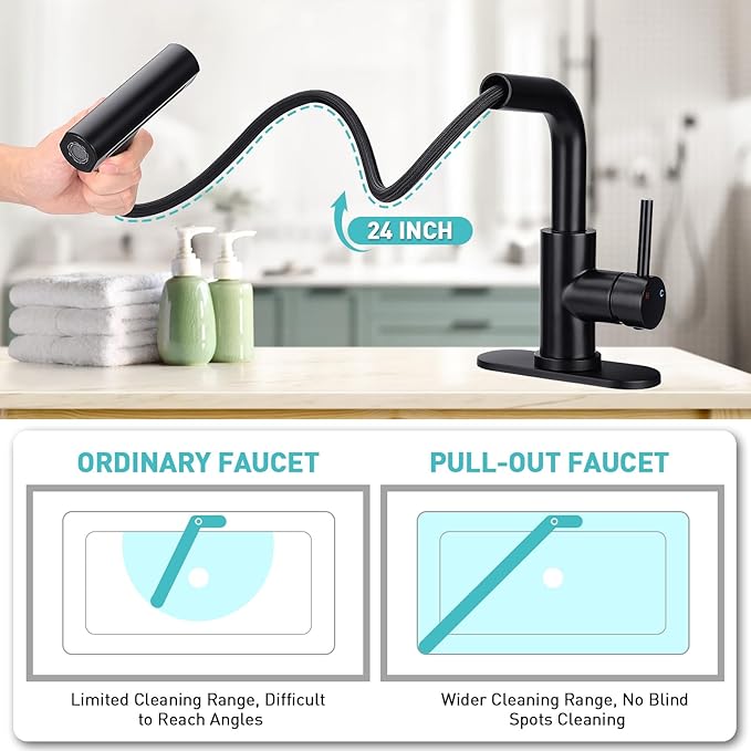 Bathroom Sink Faucet with 4 Mode Pull Down Sprayer, Matte Black Single Handle Pull Out Faucet with Pop-Up Drain, 1 or 3 Hole Laundry Bar Basin Faucet with Deck Plate