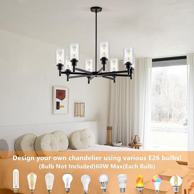 9MMML Farmhouse 8-Light Glass Chandelier, Modern Black Chandelier for Kitchen Dining Room Light Fixture Over Table, Industrial Chandelier for Living Room, Foyer, Entryway, E26 Bulb Base