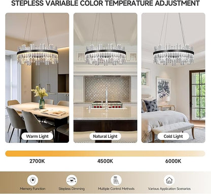 Black Led Modern Crystal Chandelier: 23.6" Round K9 Luxury Clear Crystals 3 Color Dimmable Contemporary Chandeliers for Dining Room Lights over Table - Adjustable Height Living Room Light with Remote